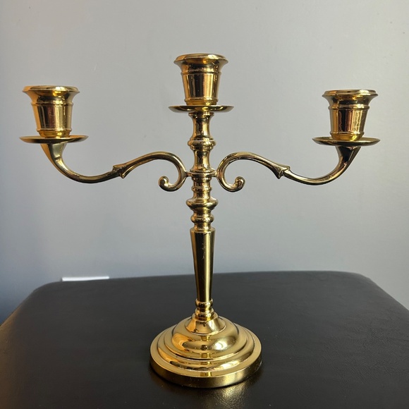 Vintage Brass 3 Arm 9” Candelabra with Brass & Wood Candle Snuffer - Picture 10 of 17